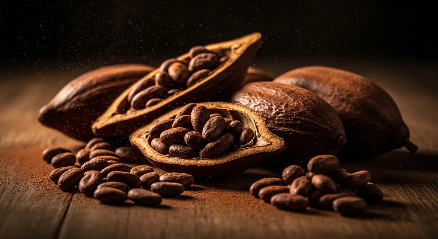 Rohe Kakaobohnen und Kakaoschoten auf rustikaler Holzoberfläche