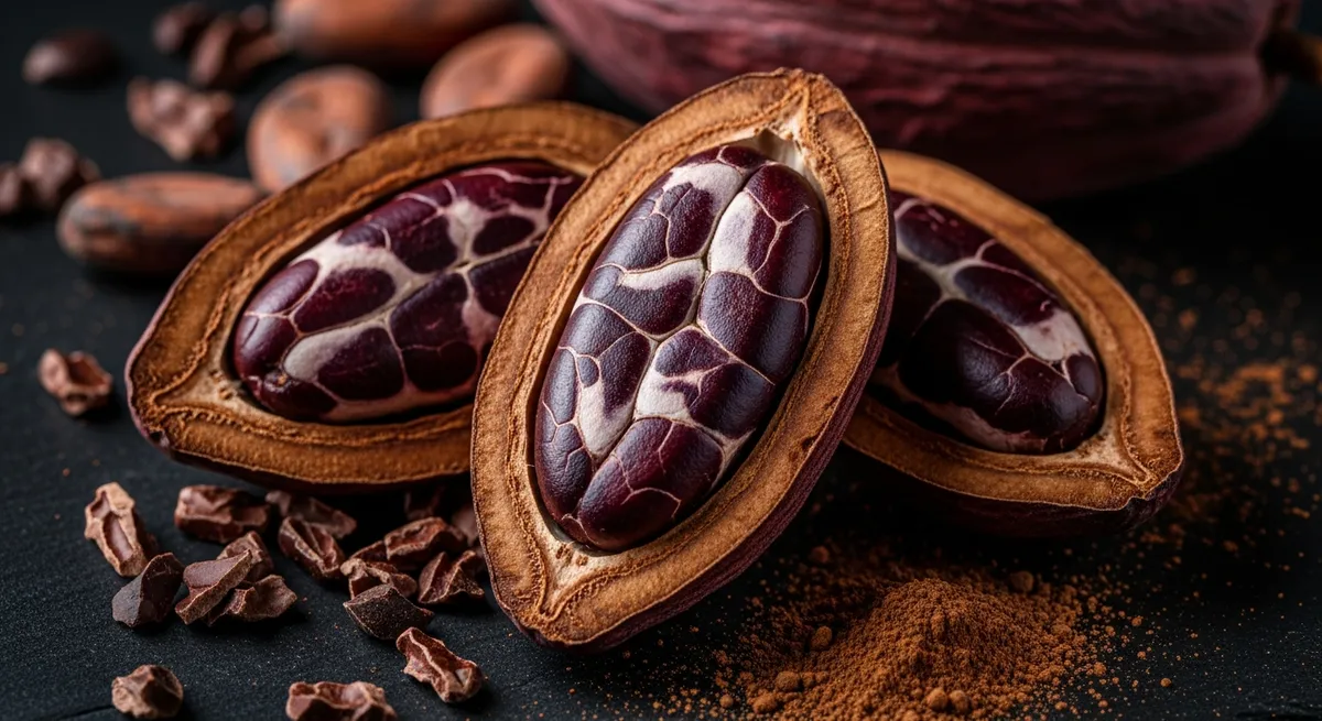Makroaufnahme von aufgeschnittenen rohen Kakaobohnen, die das lila-braune Innere zeigen, umgeben von Kakaonibs und Kakaopulver auf dunklem Schiefer