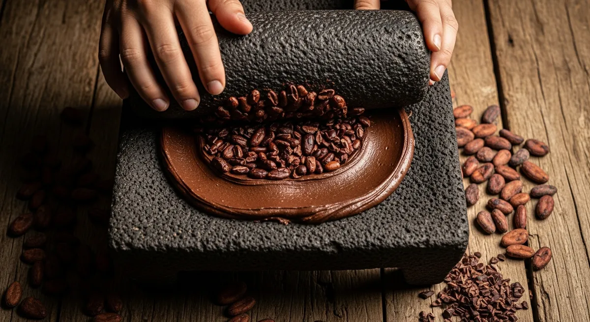 Steinerner Metate-Mahlstein mit dunkelbrauner Kakaopaste, umgeben von gerösteten Kakaonibs auf einem rustikalen Holztisch