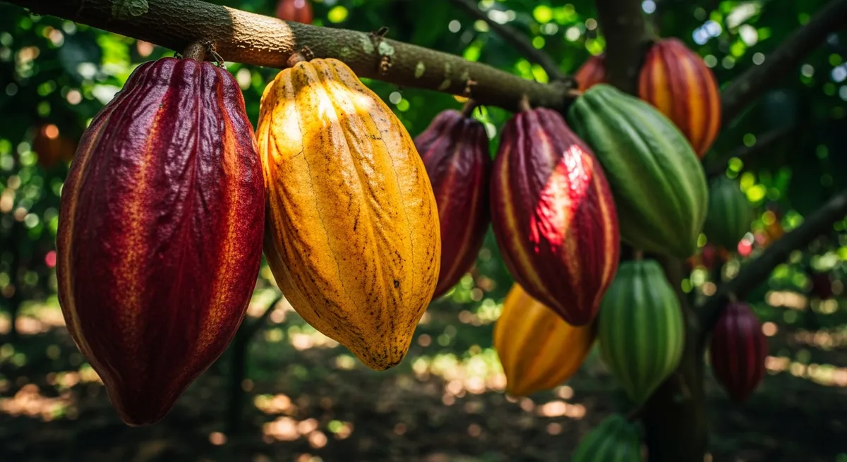 Verschiedenfarbige Kakaoschoten in Rot, Gelb, Violett und Grün hängen an Kakaobaumzweigen im tropischen Sonnenlicht
