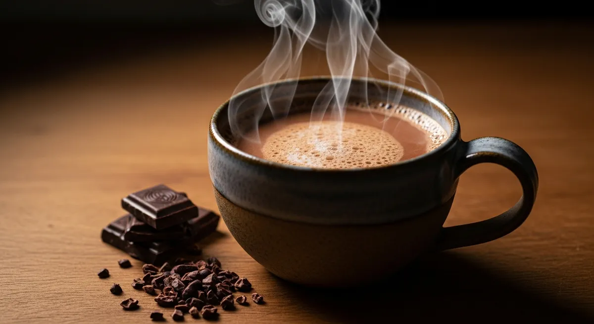 Dampfende Tasse zeremoniellen Kakaos in handgefertigter Keramiktasse mit cremigem Schaum, daneben dunkle Schokoladenstücke und Kakaonibs