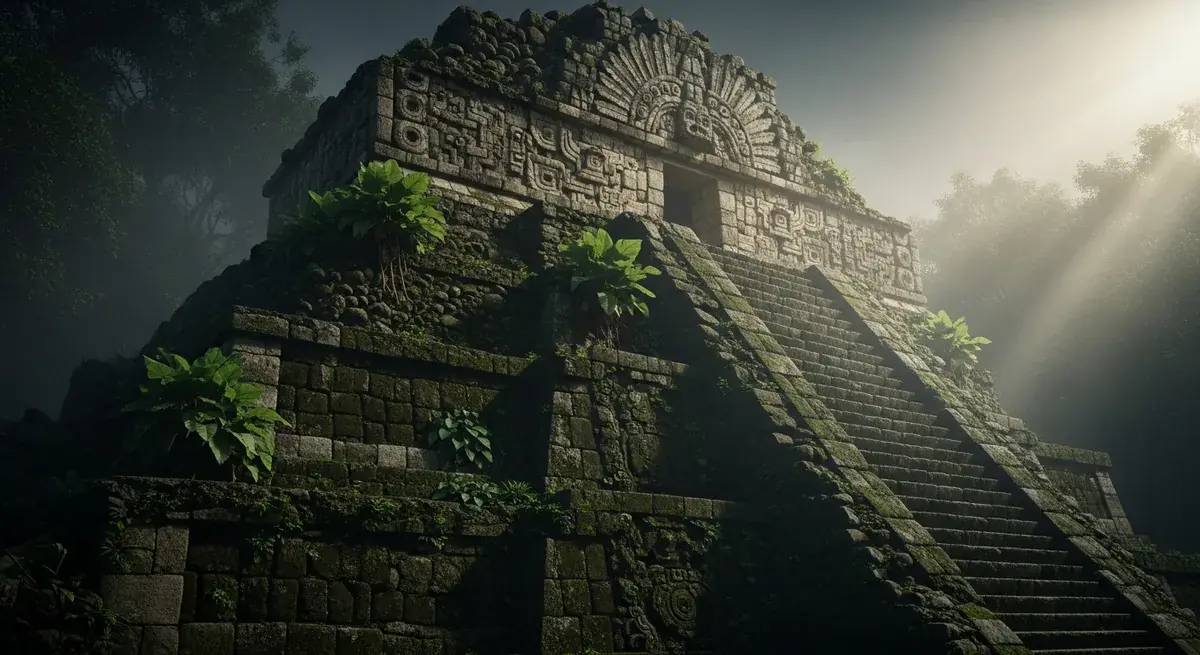 Antiker aztekischer Steintempel mit geschnitzten Quetzalcoatl-Reliefs der gefiederten Schlange, umwachsen von tropischer Vegetation