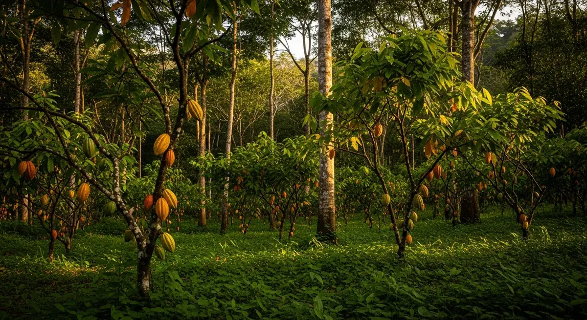 Nachhaltige Kakao-Agroforstwirtschaft mit Kakaobäumen unter hohen Schattenbäumen, reife gelbe und orange Kakaoschoten an Ästen, üppige grüne Biodiversität