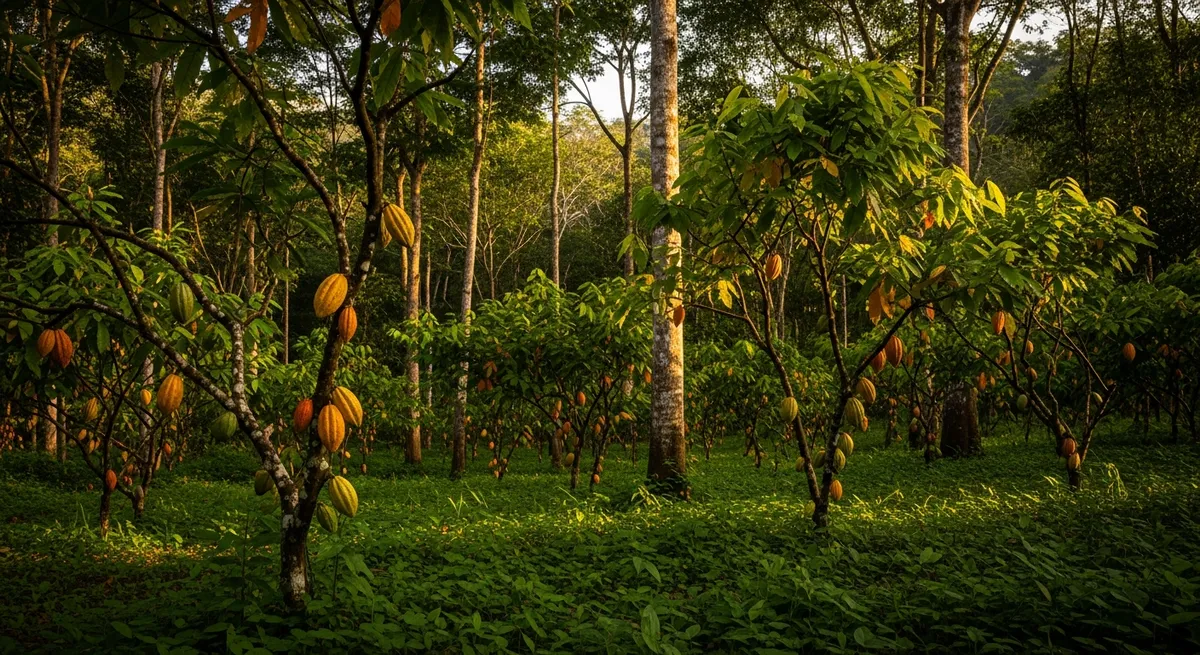 Nachhaltige Kakao-Agroforstwirtschaft mit Kakaobäumen unter hohen Schattenbäumen, reife gelbe und orange Kakaoschoten an Ästen, üppige grüne Biodiversität