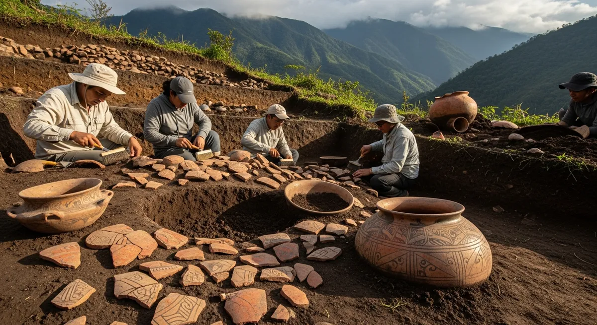 Archäologische Ausgrabungsstätte mit freigelegten antiken Keramikgefäßen und Tonscherben in dunkler Erde, Berglandschaft im Hintergrund