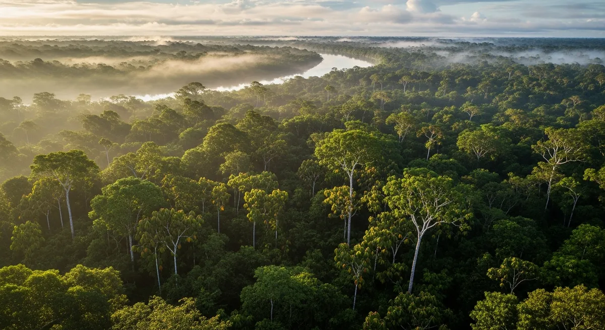 Dichter Amazonas-Regenwald mit Morgennebel, der durch das tropische Blätterdach aufsteigt, ein Fluss schlängelt sich durch die üppige Vegetation