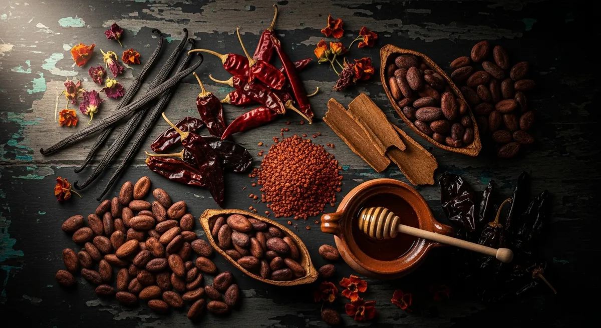 Flache Draufsicht auf traditionelle Kakaogetränk-Zutaten auf dunkler Holzoberfläche: rohe Kakaobohnen, getrocknete Chilischoten, Vanilleschoten, Achiote-Samen, Zimtrinde und Honig